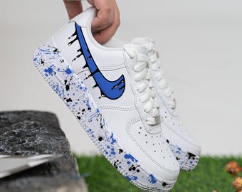 Custom Black Drips Air Force 1 Hand Painted Blue Splash Shoes Blue And Black AF1 Sneakers Hand Painted Custom Shoes Sneakers Birthday Gifts
