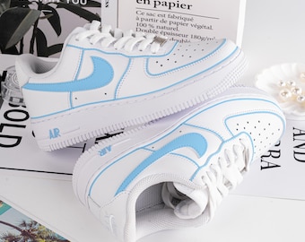 Custom Blue Air Force 1 Hand Painted Blue Shoes Blue And White AF1 Sneakers Personalised Blue Outline Sneakers Birthday Gifts Wedding Shoes