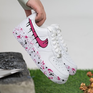 Custom Black Drips Air Force 1 Hand Painted Pink Splash Shoes Pink And Black AF1 Sneakers Hand Painted Custom Shoes Sneakers Birthday Gifts