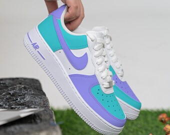 Custom Purple Green Air Force 1 Hand Painted Purple Shoes Green and Purple AF1 Sneakers Custom Hand Painted Coloured Shoes Holiday Gifts