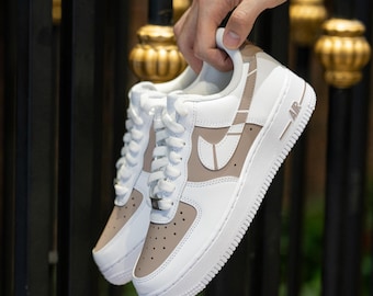 Custom Light Brown Air Force 1 Hand Painted White Brown Shoes Custom Color Block AF1 Sneakers Personalized AF1 Custom Team Shoes Gifts