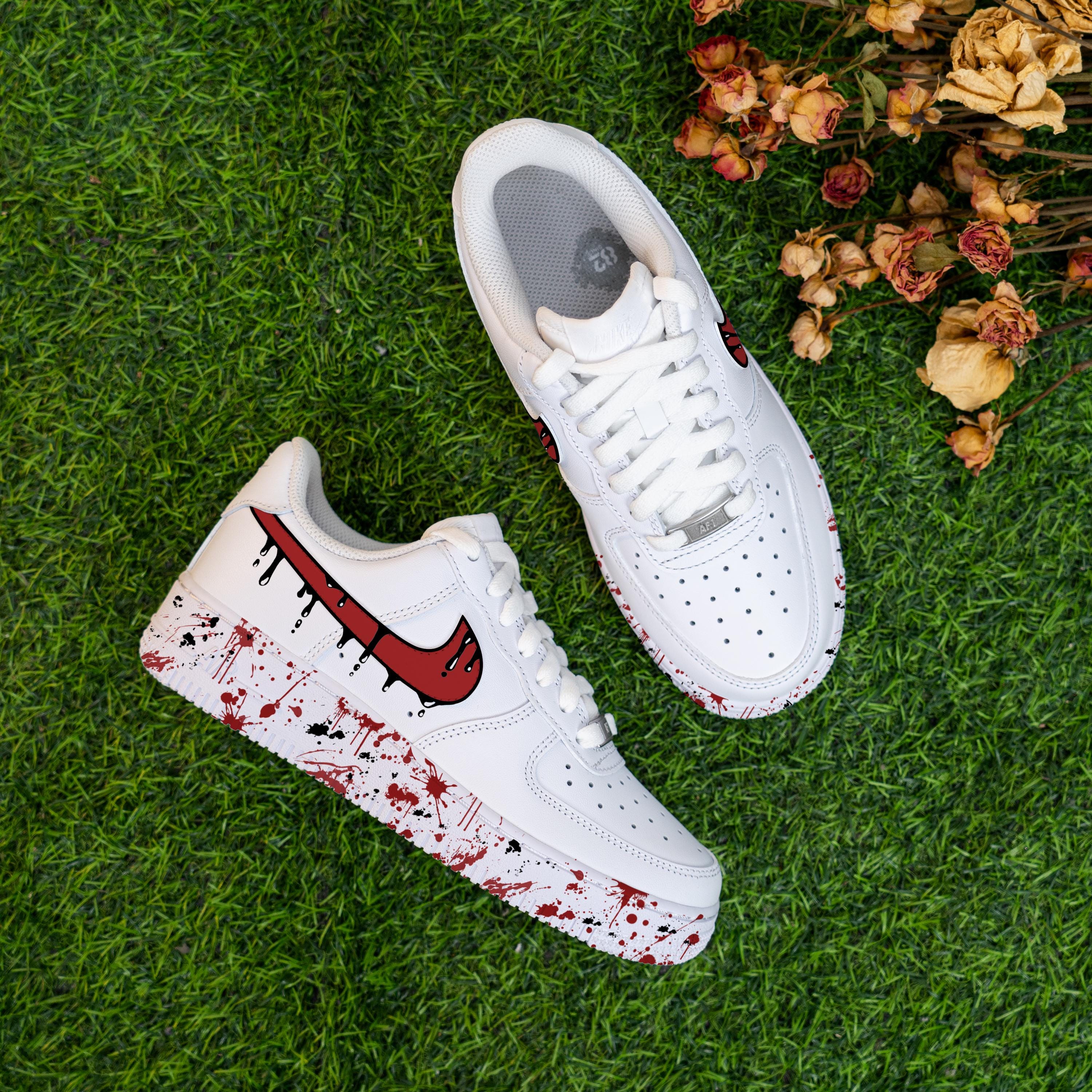 Nike Air Force 1, Custom Shoes,Bloody Gore,Red Swoosh Blade Drip Splatter Art... Air Force 1 Custom Blood Splatter Morbid Red White Shoes  main image 2