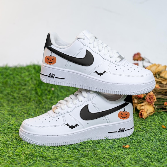 Custom Halloween Air Force 1 Hand Painted Pumpkin Face AF1 Black