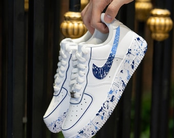 Custom Blue Splatter Air Force 1 Hand Painted Blue Shoes Blue And White AF1 Sneakers Personalised Blue Gradient Sneakers Birthday Gifts