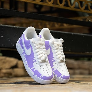 Hand Painted Purple Drips Sneakers Custom White Drips Air Force 1 Purple And White AF1 Sneakers Hand Painted Custom Shoes Birthday Gifts