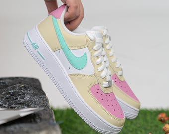 Hand Painted Colorful Sneakers Custom Ice Cream Colour Air Force 1 Beige Green Pink AF1 Sneakers Hand Painted Custom Shoes Birthday Gifts