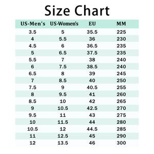May include: A size chart for shoes, showing US men's and women's sizes, European sizes, and millimeter measurements.