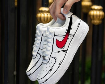 Custom Red Black Gradient Air Force 1 Hand Painted Black Cartoon Line Sneakers Red Gradient AF1 Personalised Shoes Gifts Wedding Sneakers