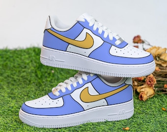 Custom Block Outline Air Force 1 Hand Painted Blue And Yellow AF1 Sneakers Hand Painted Cartoon Sneakers Holiday Shoes Gifts