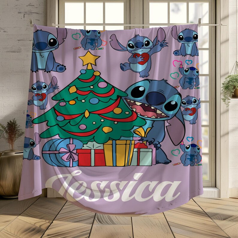 May include: A purple shower curtain with a Christmas tree and Stitch characters from the Disney movie Lilo & Stitch. The text "Jessica" is printed at the bottom of the curtain.