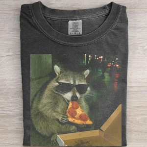 Può includere: T-shirt grigio scuro con un procione con occhiali da sole che mangia una fetta di pizza. La grafica include una scatola per pizza e uno sfondo urbano sfocato. La maglietta ha un'etichetta Comfort Colors.
