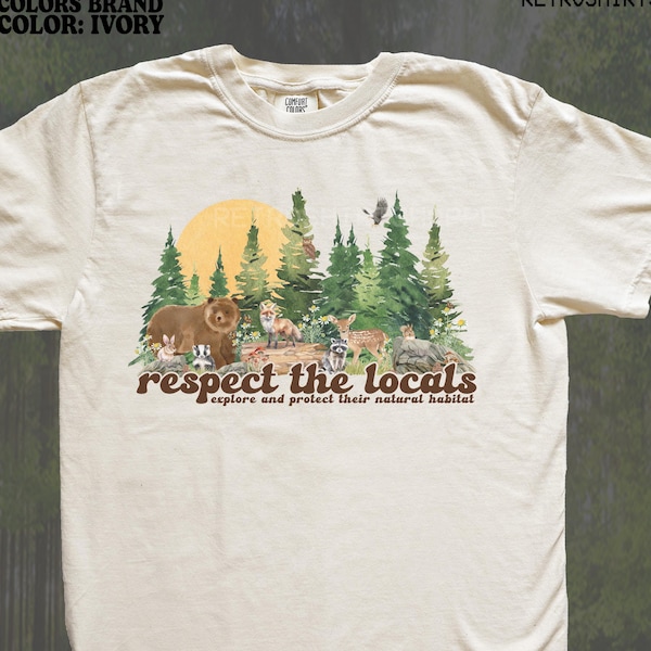Respect the Locals, Vintage Forest Animal Environmental Shirt Woodland Animals Graphic Tee Indie Granola Girl Camping Clothes Park Ranger