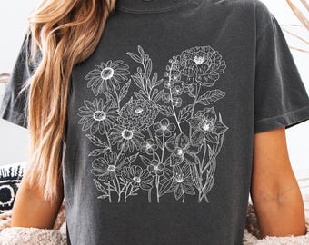 Comfort Colors Wild Flower Boxy Crop T-Shirt - Crop Top Shirt Women's - Boxy Tee Shirt Flower Print - Boho Flower Shirt Women's Graphic tee