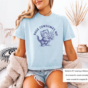 May include: Light blue t-shirt with a graphic of a kitten holding flowers and the text "RAGE CONSUMES ME" in a circular design. The shirt is a light blue color.