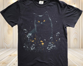 Black Cat T-shirt, Cute Cat Graphic tee, Black cat flower shirt, cute floral tshirt, womens graphic tee, vintage cat tee, cat lover gift