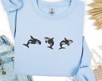 Embroidered Orca Sweatshirt, Orca Whale Embroidered Sweat Shirt Orcas Crewneck Sweater Ocean Animal Gift Marine Life Nature Gift Women's