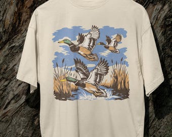 Stockenten Enten-Shirt, Enten fliegen über Teich Shirt, Enten-Jagd-Shirt, Damen Grafik-T-Shirt Natur, Vintage Enten-T-Shirt, übergroße Hemden Frauen