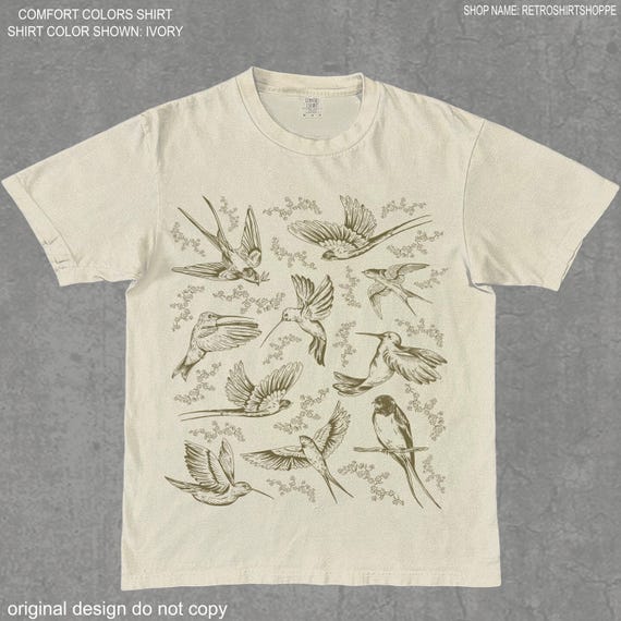 Flowers and Hummingbird Shirt, vintage animal t-shirt, cute bird shirts, bird lover shirt, bird pattern t-shirt, comfort colors shirt women