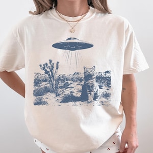 Cat UFO Shirt, funny cat and ufo in desert t-shirt, meme shirt, silly shirts, funny graphic tee, funny picture t-shirts, ufo alien shirt