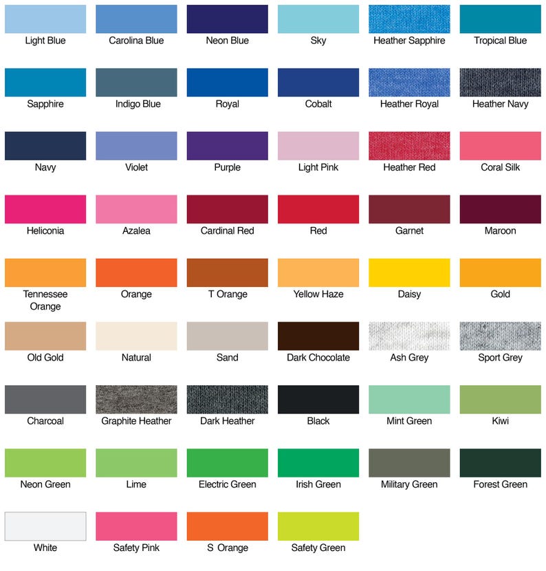 K&ouml;nnte beinhalten: Eine Farbkarte mit 48 verschiedenen Farbmustern. Die Farben sind in Reihen und Spalten angeordnet, und jedes Muster ist mit seinem Namen beschriftet. Die Farben umfassen Hellblau, Carolina-Blau, Neonblau, Himmelblau, Heidesapphir, Tropenblau, Saphir, Indigoblau, Royalblau, Kobaltblau, Heideroyal, Heidenavy, Marineblau, Violett, Lila, Hellrosa, Heiderot, Korallen Seide, Heliconia, Azalee, Kardinalrot, Rot, Granat, Maroon, Tennessee Orange, Orange, T Orange, Gelb Nebel, G&auml;nsebl&uuml;mchen, Gold, Altgold, Natur, Sand, Dunkelbraun, Aschgrau, Sportgrau, Anthrazit, Graphit-Heather, Dunkel-Heather, Schwarz, Minzgr&uuml;n, Kiwi, Neongr&uuml;n, Limette, Elektrisch Gr&uuml;n, Irisch Gr&uuml;n, Milit&auml;rgr&uuml;n, Waldgr&uuml;n, Wei&szlig;, Sicherheitsrosa, S Orange und Sicherheitsgr&uuml;n.