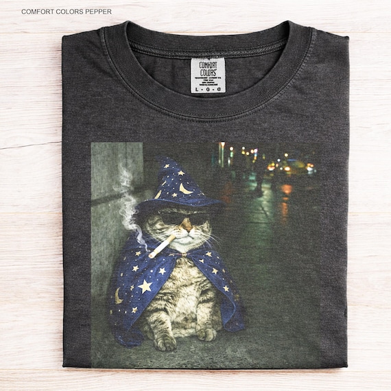 Comfort Colors Wizard Cat Shirt - Cat Smoking Cigarette T-Shirt Funny Meme Shirt Gift Raccoon Eating Pizza Drinking Iced Coffee Tee Graphic