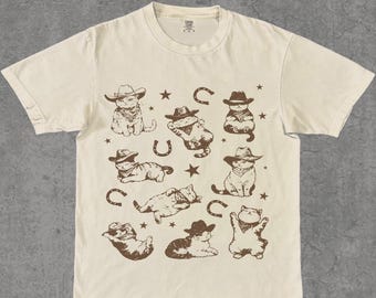 Maglietta con simpatico gatto cowboy retrò, divertente maglietta con grafica vintage, maglietta con simpatico gattino, maglietta con gatti nello spazio, maglietta retrò da cowboy western, magliette da cowgirl