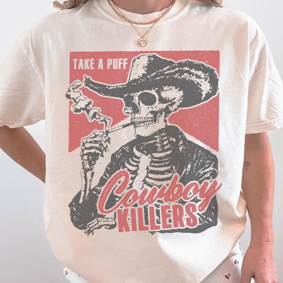 Cowboy Killers Shirt Women's Graphic Tee Funny Cigarette T-Shirt Vintage Smoking Shirts Unisex Cowboy Skeleton T Shirt Gift for Her