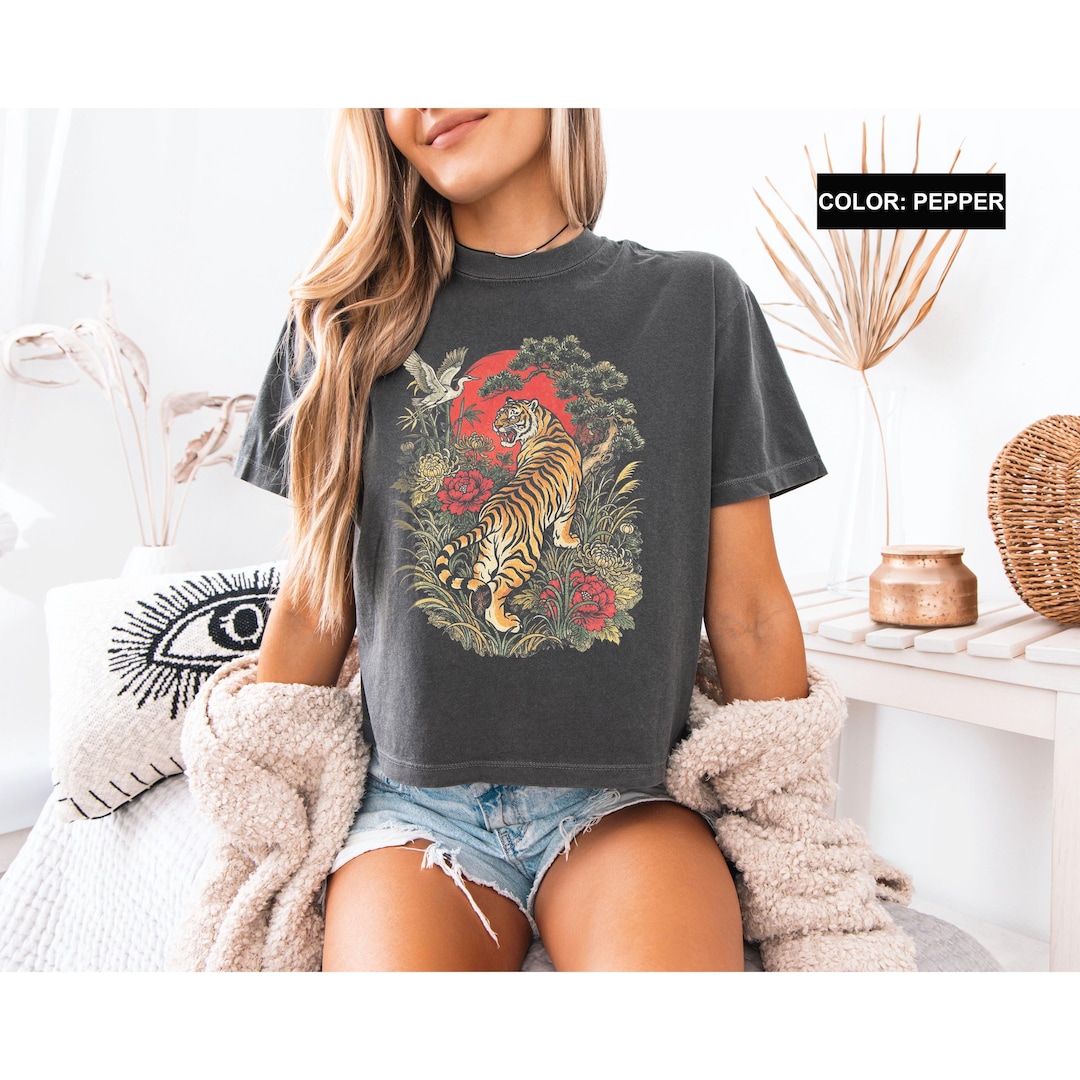 Comfort Colors Boxy Tee Cute Crop Top Shirt Vintage Japanese Tiger T-Shirt Cropped Tees Gr