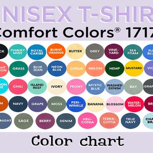 May include: A color chart for Unisex T-shirts, featuring Comfort Colors 1717. The chart displays a variety of colors, including White, Black, Chalky Mint, Royal Caribe, Burnt Orange, and many more. The text "Color chart" is at the bottom.