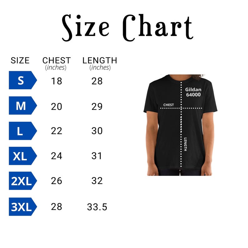 以下が含まれることがあります： 胸囲と着丈の寸法がインチで表示されたTシャツのサイズ表。表にはSから3XLまでのサイズと、それに対応する胸囲と着丈の寸法が示されています。
