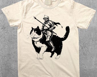 Knight Riding on Cat Shirt, Funny cat t-shirt, vintage Style cat shirt, funny medieval art shirt, dark fantasy shirt faircore shirt weird at