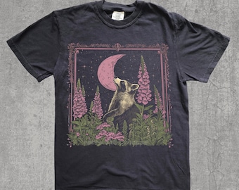 Racoon Vintage Floral T-Shirt Celestial Moon Shirt Comfort Color tshirt boho Cute Animal graphic tee aesthetic cottage core shirt Moon Phase