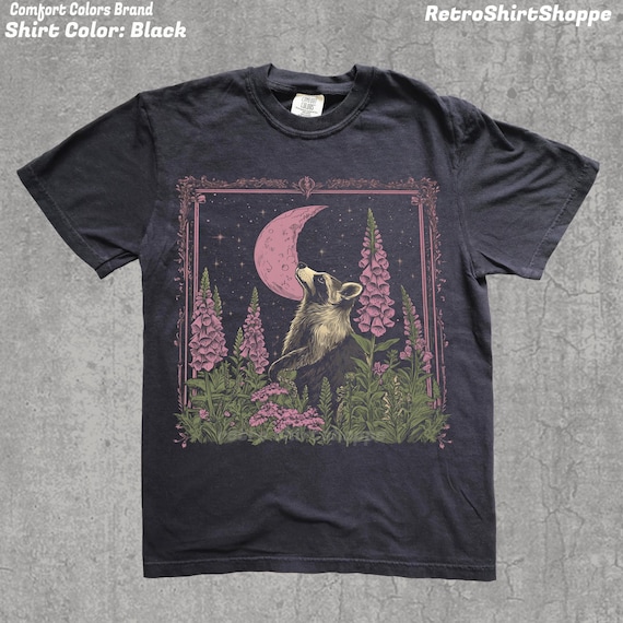 Racoon Vintage Floral T-Shirt Celestial Moon Shirt Comfort Color tshirt boho Cute Animal graphic tee aesthetic cottage core shirt Moon Phase