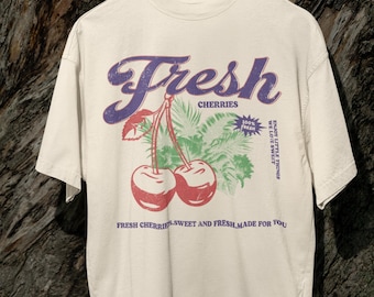 Fresh Cherries Vintage Style T-shirt Cherry Shirt Retro Fruit Shirts, Womens Graphic tee, cute t-shirts boho oversized womens tee vintage