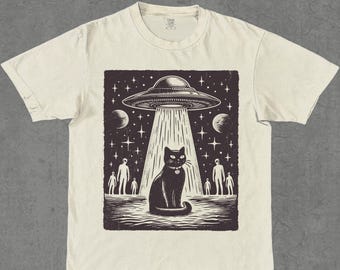 Funny Cat Alien Graphic T-shirt, Silly Cat T-shirts, Comfort Colors Shirt, Cool Graphic T-shirt vrouwen, Weird Shirts, ufo alien cat shirts vreemd