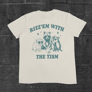 Rizz em with the tism raccoon t-shirt, funny autism shirt, neurodivergent tee, funny graphic tee, meme tshirt, retro graphic tee, retro 90s
