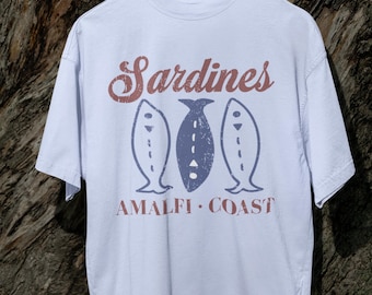 Camiseta de sardinas de la Costa Amalfitana, camiseta italiana de verano con sardinas, camiseta gráfica para mujer, camiseta vintage de la costa italiana, camiseta de vacaciones italianas