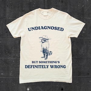 May include: A white t-shirt with a blue graphic of a raccoon wearing a cowboy hat. The text "UNDIAGNOSED BUT SOMETHING'S DEFINITELY WRONG" is printed on the shirt.