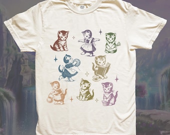 Katze 90er Jahre Tattoo Vintage T-Shirt Retro Kätzchen Süßes Shirt Katzenliebhaber Geschenk, Katzen spielen T-Shirt Unisex Entspanntes Grafik-T-Shirt für Erwachsene Lustiges seltsames T-Shirt