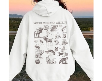 Sudadera con capucha de fauna norteamericana - Regalo para ella. Sudaderas y sudaderas oversize para mujer. Regalos para chicas amantes del estilo granola. Regalo para excursionistas. Regalos de naturaleza.