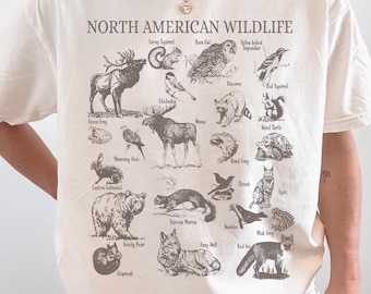 Maglietta unisex vintage anni '90 con animali della foresta nordamericani, maglietta con animali della foresta retrò, maglietta con orso, amante del campeggio e della natura, magliette Forestcore Nature Y2k