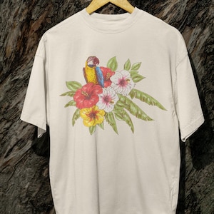 Vintage Style Hawaiian Flower Shirt, Hibiscus Flower Tee, Hawaii Parrot Shirt, Retro Honolulu t-shirt, Maui tshirt, floral print tee womens