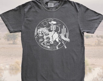 Camiseta vintage estilo western, camiseta de vaquero esqueleto, colores cómodos, marca, camiseta retro estilo western desert, camiseta gráfica extragrande para mujer bohemia
