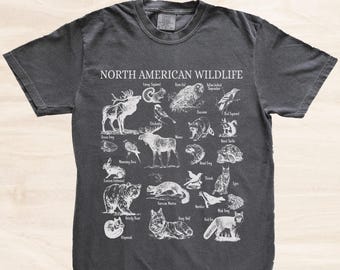Maglietta Comfort Colors con animali selvatici nordamericani, maglietta con grafica naturalistica, maglietta con animali da donna, maglietta vintage da uomo