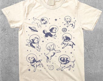 Hunde im Weltraum T-Shirt, süßes Hundet-shirt, niedliches Tierhemden, Weltraumhundehemd, Tiergrafik-T-Shirt, Retro-Grafik-T-Shirt, niedliches Hemd für Frauen