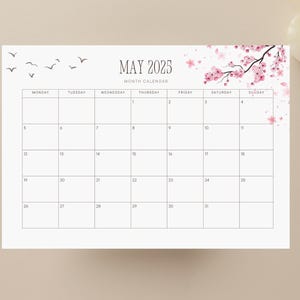 2025 May Printable Calendar Template, Minimal Modern Spring, School Calendar, Template: Meal Planner, Activities Planner, Family Planner
