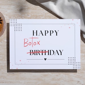 Cartão engraçado de feliz aniversário com botox para download, feliz dia do botox, presente de piada digital e para impressão para aniversário, presente provocante para ela tamanho 5 x 7