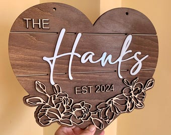 Personalized Heart Wood Sign - Laser Cut Floral Newlywed Gift