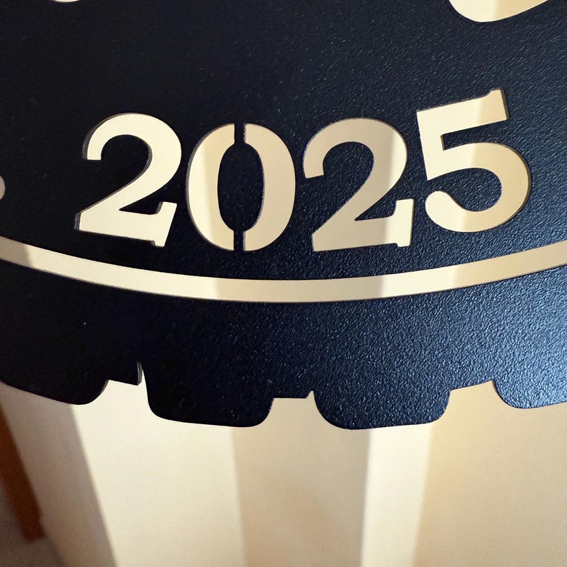 Op de afbeelding: Een zwart metalen bord met een witte uitsnijding van het jaar 2025.