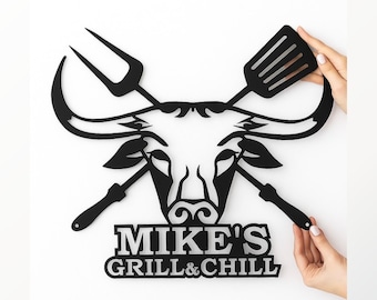 Gepersonaliseerde metalen barbecuenaambord, aangepaste grill en chill muurdecoratie voor buitenkeuken